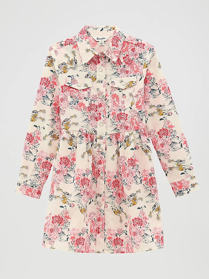 Wrangler Girl's Long Sleeve Printed Western Snap Dress - Floral White