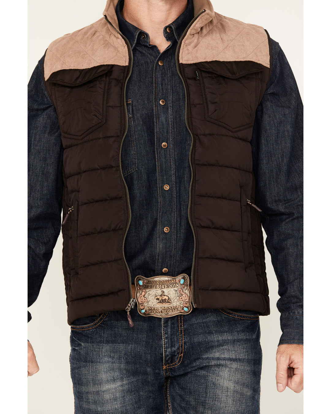 Hooey Men's Packable Brown Body Whit Tan Yoke Full Zip Vest