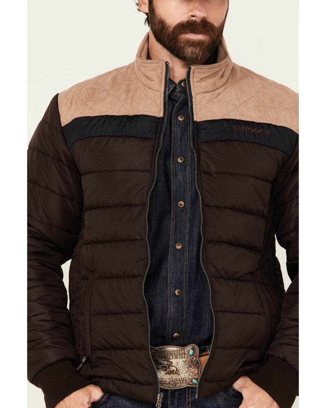 Hooey Men's Puffer Brown Body With Tan Blue Yoke  Jacket