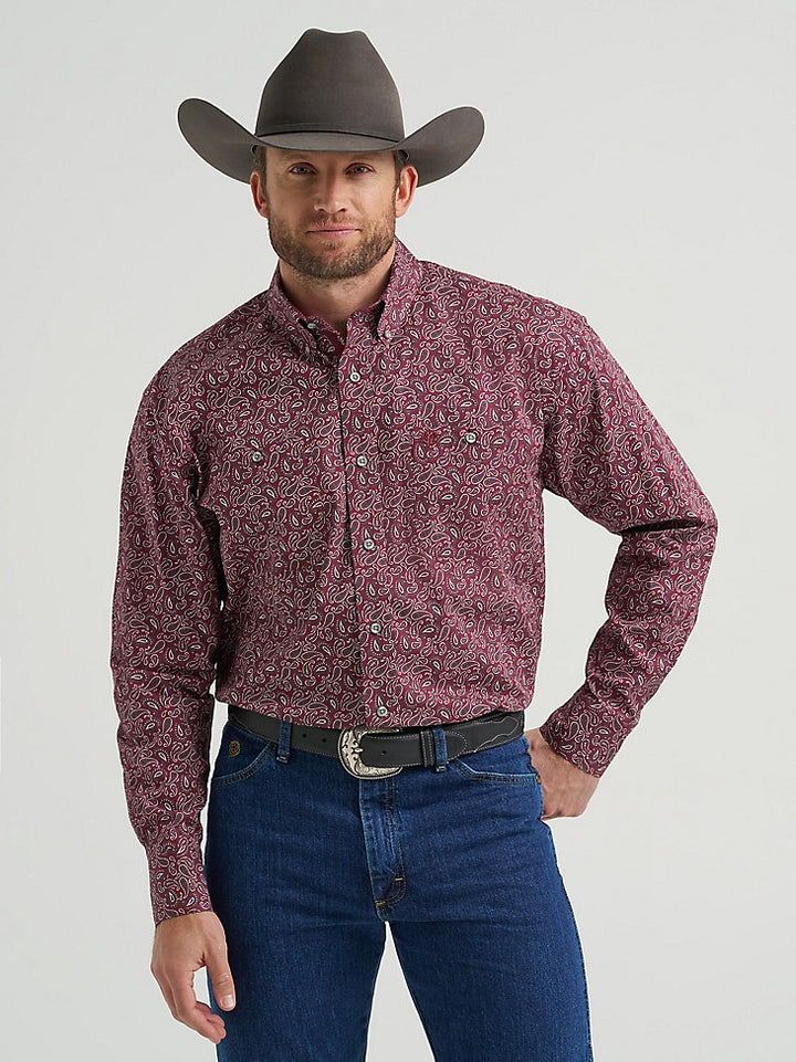 Wrangler Men's George Strait Solid Two Pocket Button Down Shirt - Wine Paisley
