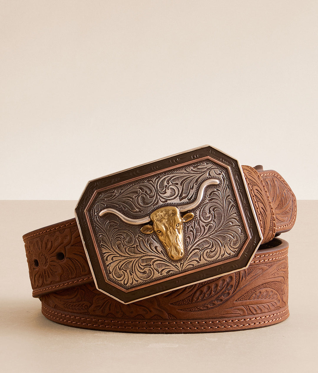 Ariat Men's Long Horn Floral Embossed Medium Brown Belt