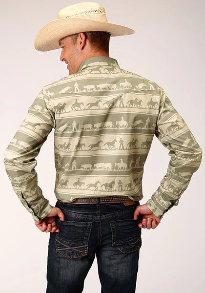 Roper Men's Horizontal Print Cowboy Rugby Horizontal Long Snap Shirt