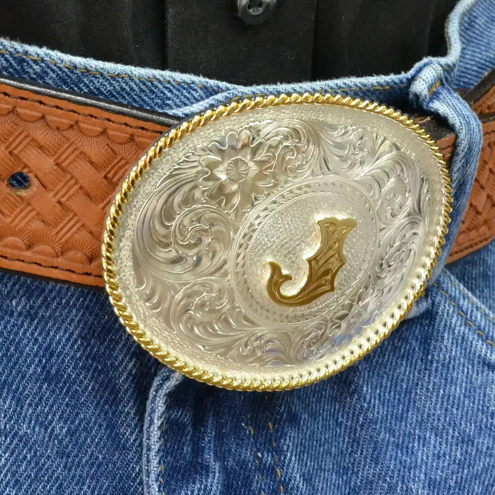Montana Silversmiths Initial J Silver Engraved Gold Trim Western Belt Buckle