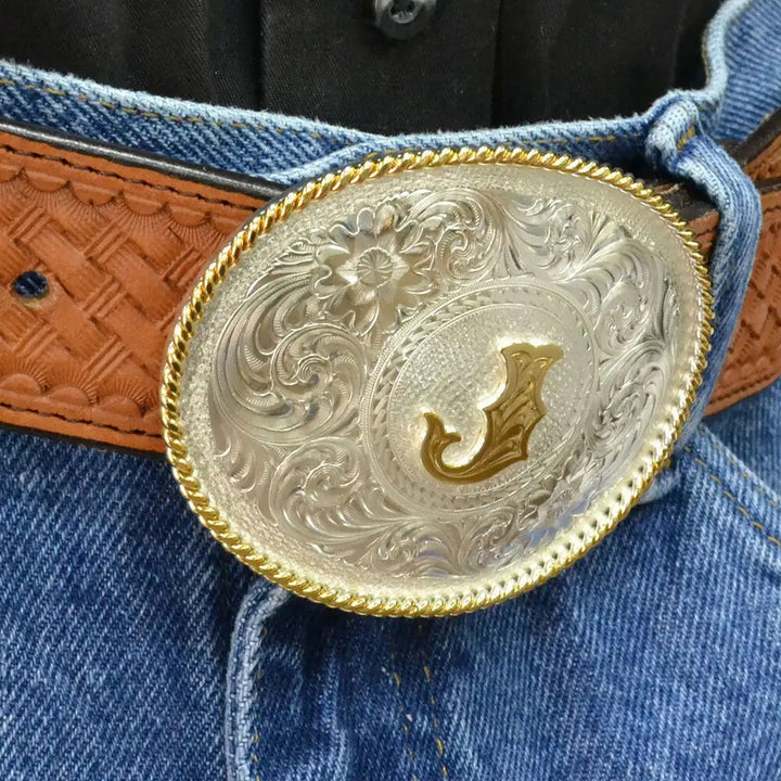 Montana Silversmiths Initial J Silver Engraved Gold Trim Western Belt Buckle