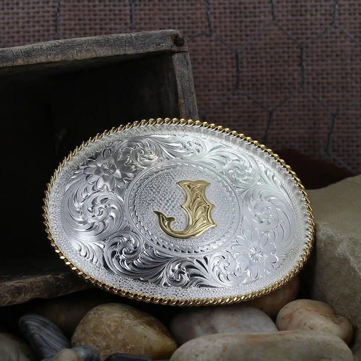 Montana Silversmiths Initial J Silver Engraved Gold Trim Western Belt Buckle