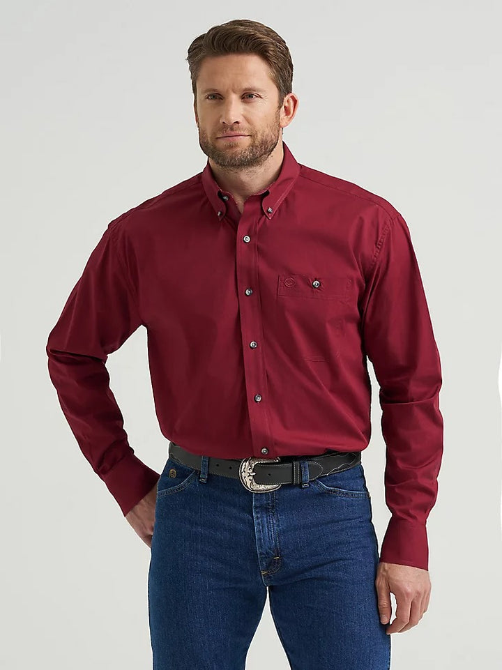 Wrangler Men's George Strait Solid One Pocket Button Down Shirt - Burgundy Wine