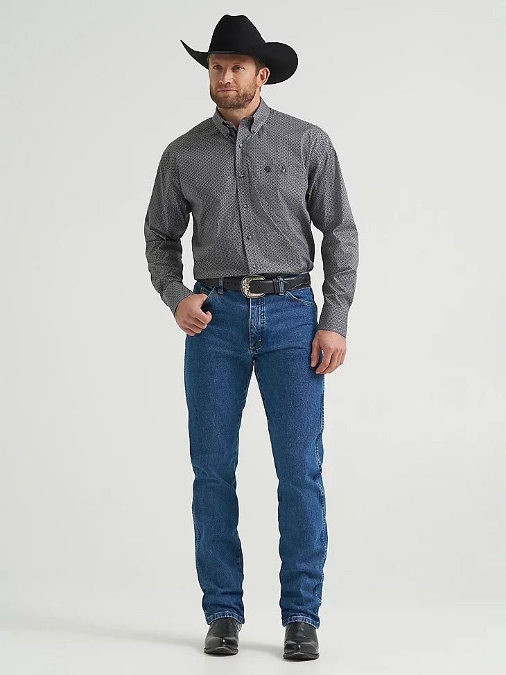 Wrangler Men's George Strait Long Sleeve Button Down One Pocket Shirt - Black Navy Hourglass