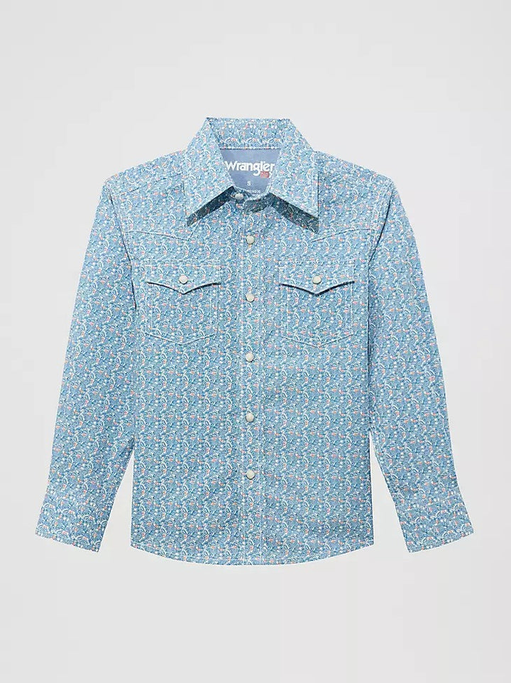 Wrangler Boy's 20X Advanced Comfort Western Snap Print Shirt - Blue Jay
