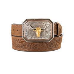 Ariat Men's Long Horn Floral Embossed Medium Brown Belt