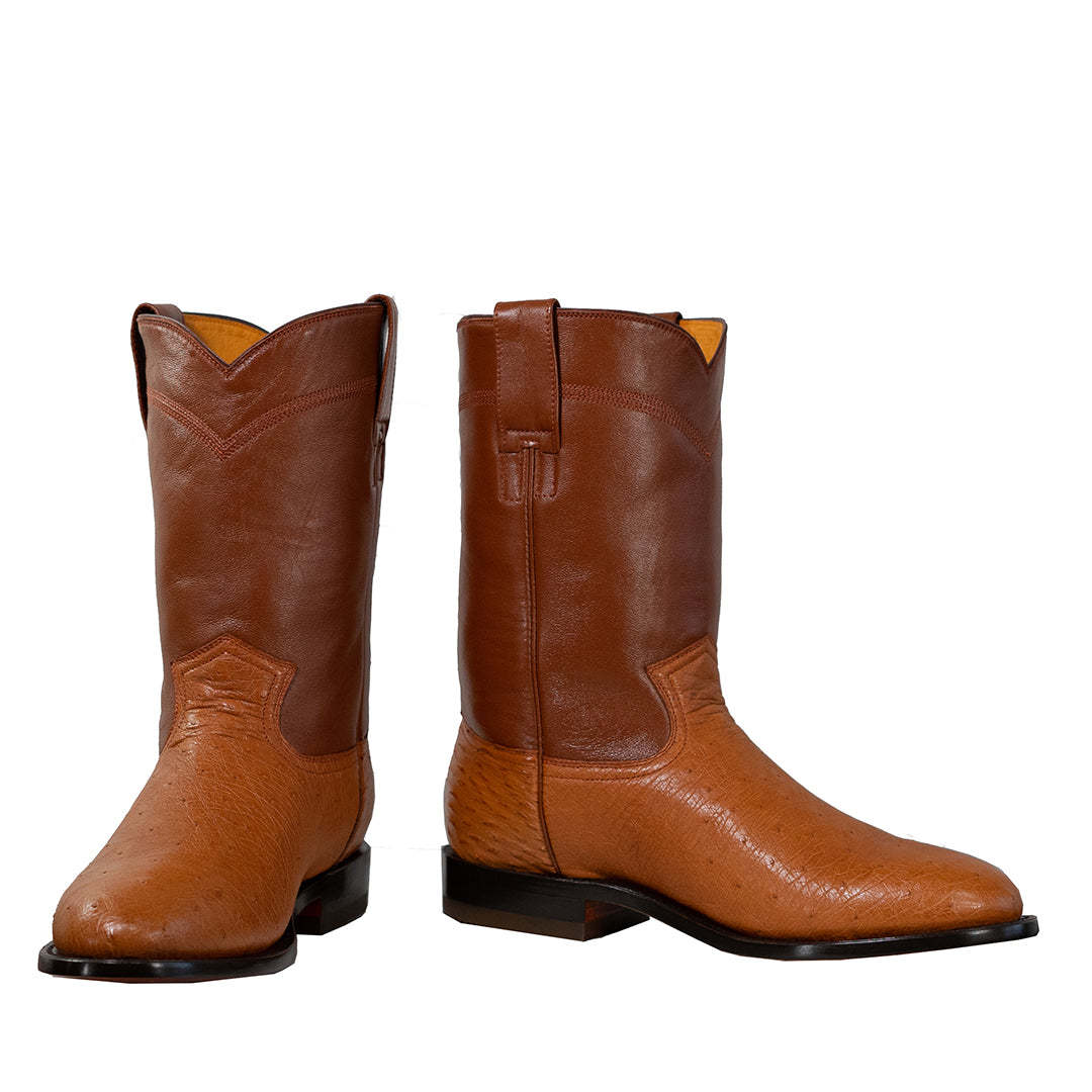 Gavel Men's Galveston Smooth Ostrich Roper Boots - Cognac