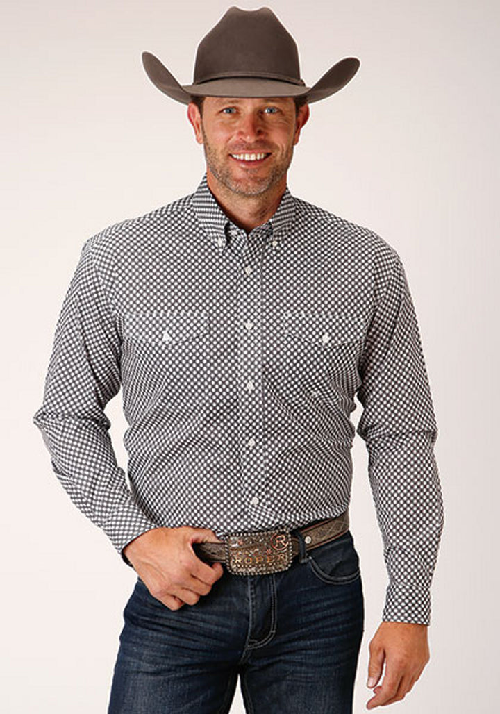 Roper Men's Amarillo Allover Print Diamond Star Grey Snap Shirt