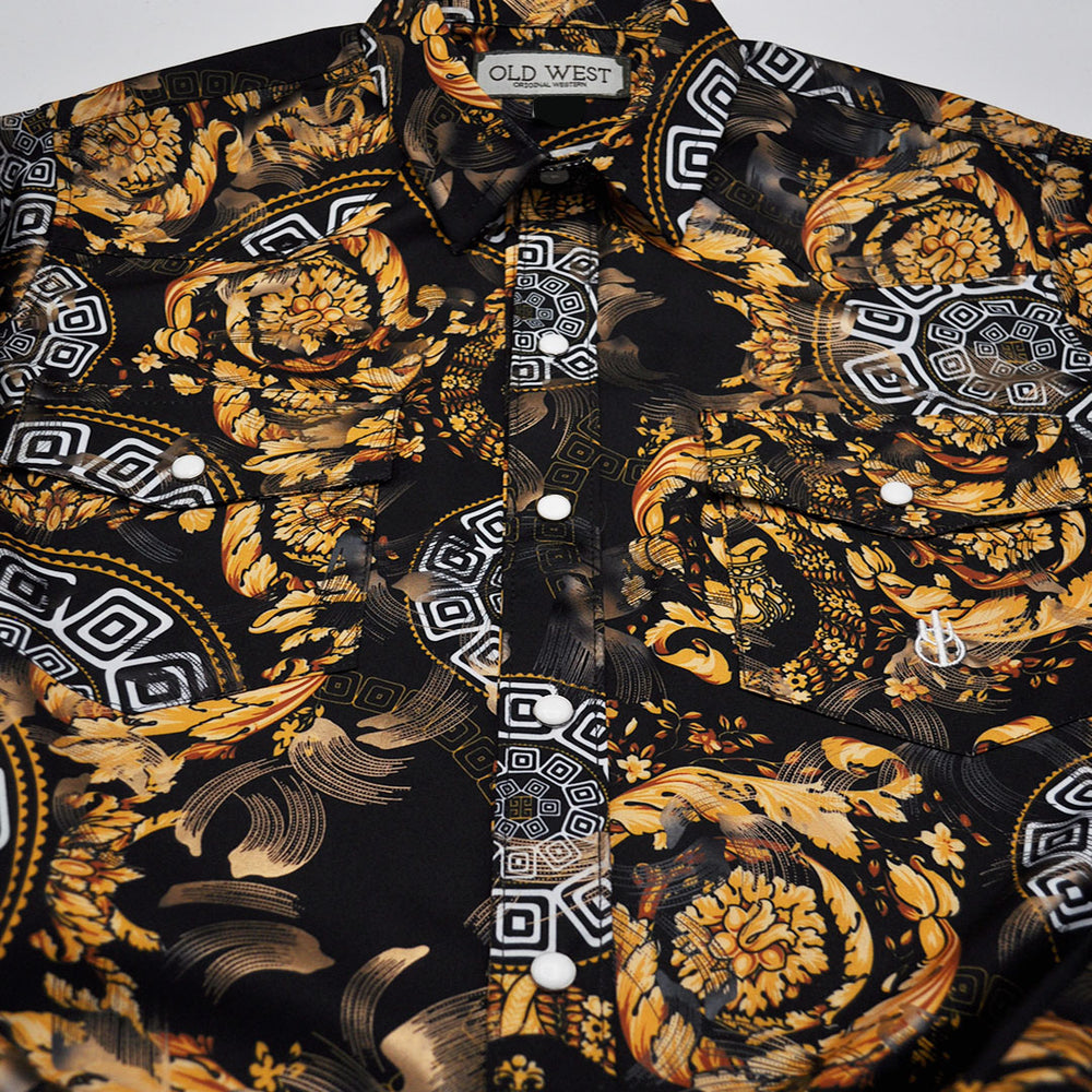 Old West Men's 8556 Black/Gold Floral Fashion Snap Shirt Gavel Western Wear Old West Men's 8556 Black/Gold Floral Fashion Snap Shirt Gavel Western Wear