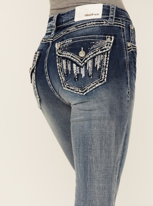 Grace in LA Sequin Flap Pocket Bootcut Jeans