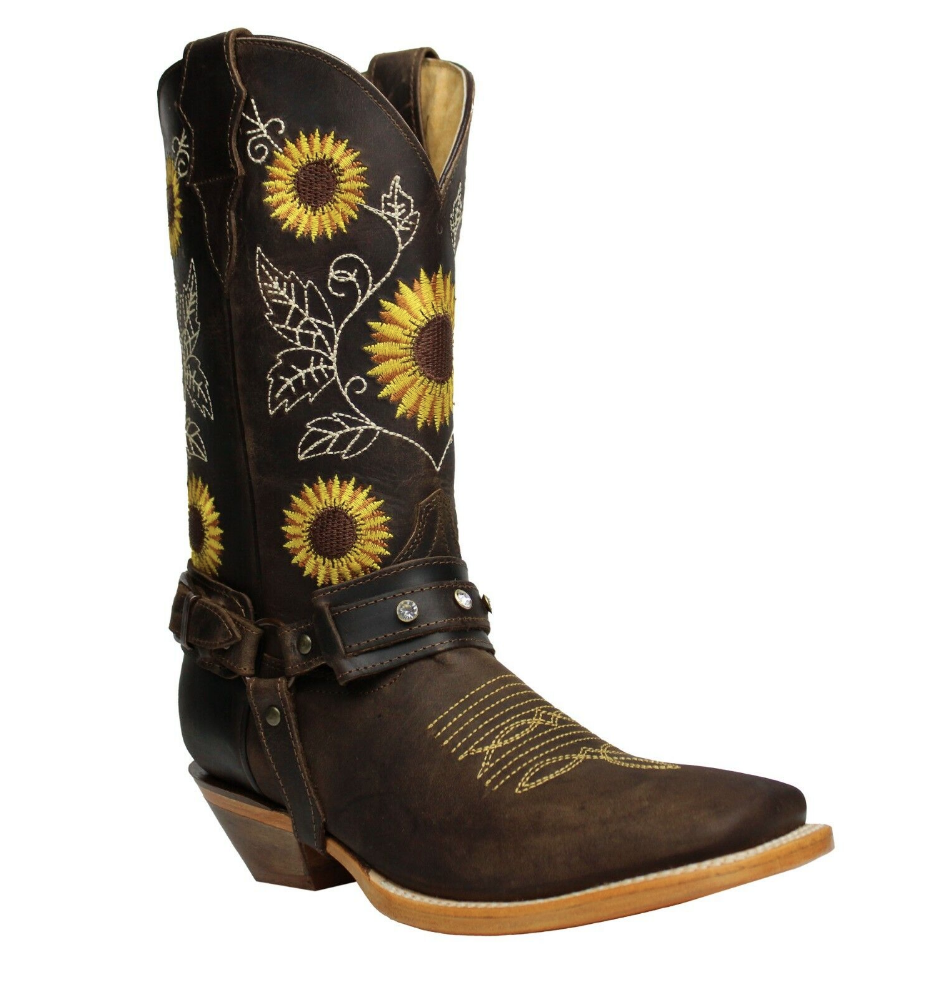 Luma Andrea Women's Sunflower Embroidery Dark Brown Square Toe Western Boots