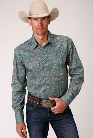 Roper Men's Western L/S Turquoise Paisley Snap Shirt 0300102254010BU