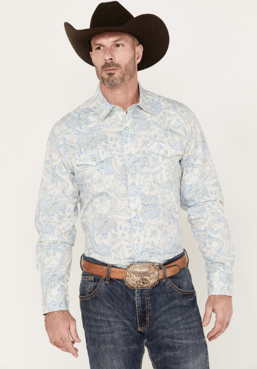 Wrangler Mens Retro Premium Light Blue White Floral Snap Shirt