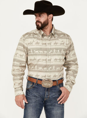Roper Men's Horizontal Print Cowboy Rugby Horizontal Long Snap Shirt