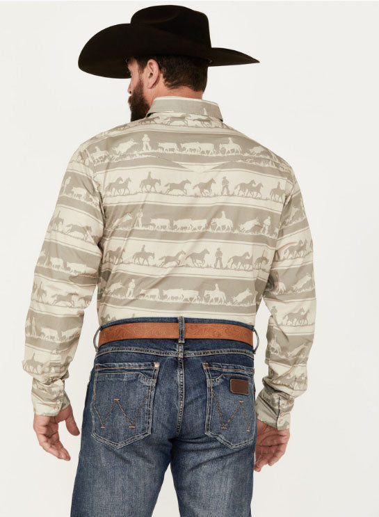 Roper Men's Horizontal Print Cowboy Rugby Horizontal Long Snap Shirt ...