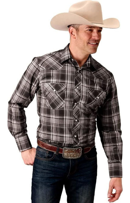 Roper Men's Long Sleeve Chocolate/Cream Plaid Snap Shirt