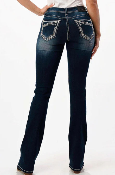 Grace in LA Pocket Border Embroidered Bootcut Jeans