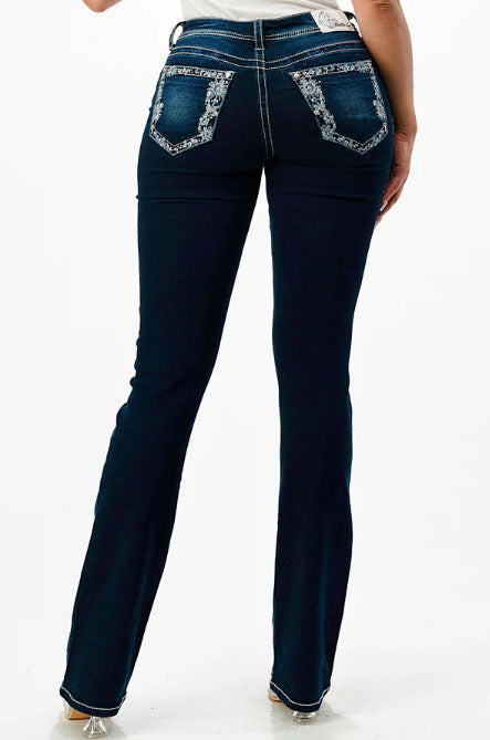 Grace in LA Soft Denim Floral Embroidery Bootcut Jeans