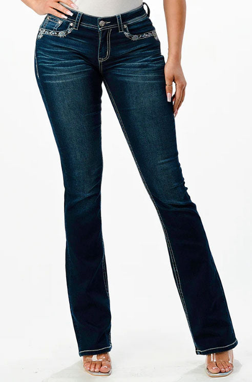 Grace in LA Soft Denim Floral Embroidery Bootcut Jeans