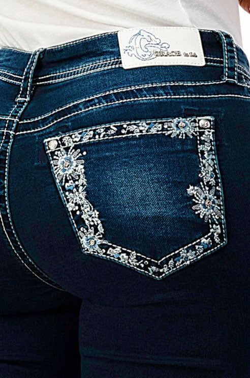 Grace in LA Soft Denim Floral Embroidery Bootcut Jeans