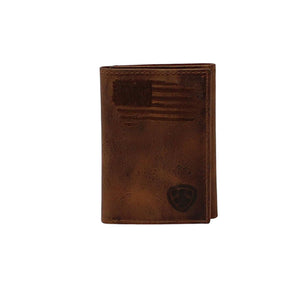 Ariat Trifold Distressed Stitch USA Flag Brown Rodeo Wallet