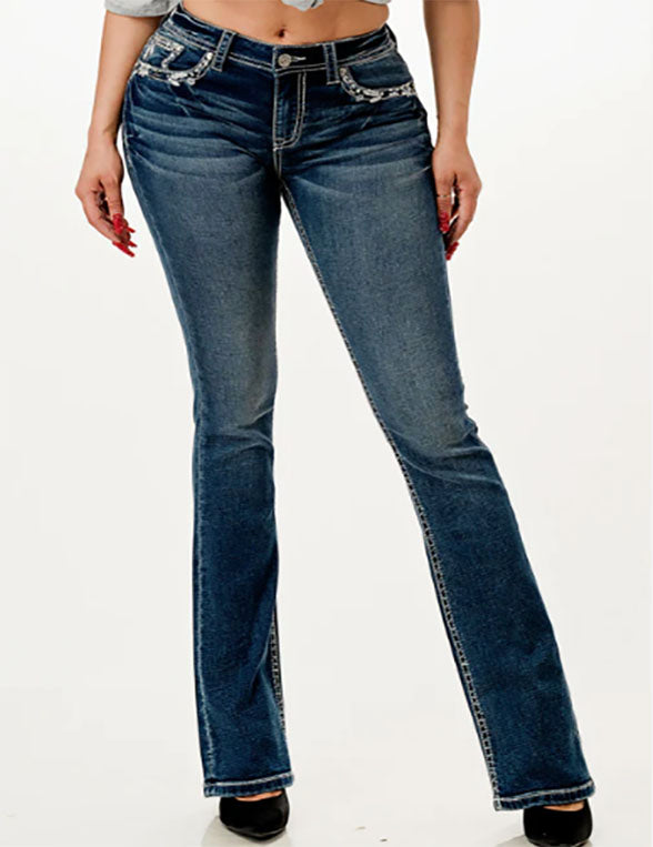 Grace in LA Border Floral Faux Flap Embroidery Bootcut Jeans