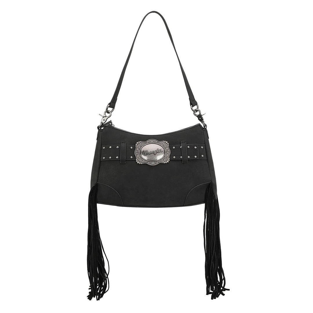 Wrangler Fringe Buckle Hobo Bag/Crossbody Bag-Black