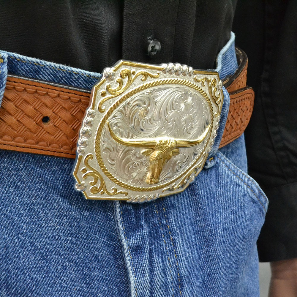 Montana Silversmiths Two-tone Cowboy Cameo Buckle with Longhorn