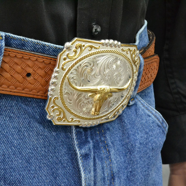 Montana Silversmiths Two-tone Cowboy Cameo Buckle with Longhorn