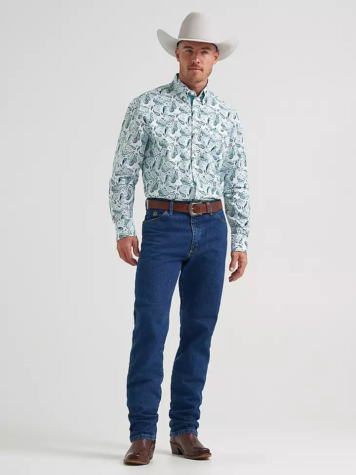 Wrangler Men's George Strait Solid One Pocket Button Down Shirt - Aqua Paisley
