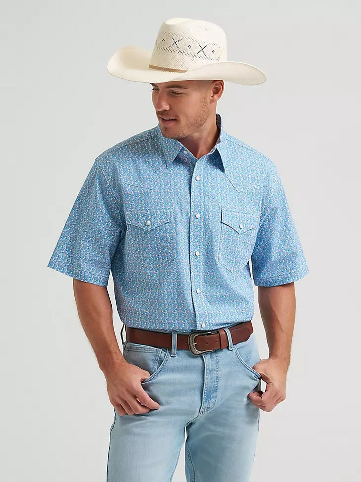Wrangler Men's 20X Competition Advanced Comfort Short Sleeve Western Snap Shirt - Blue Jay