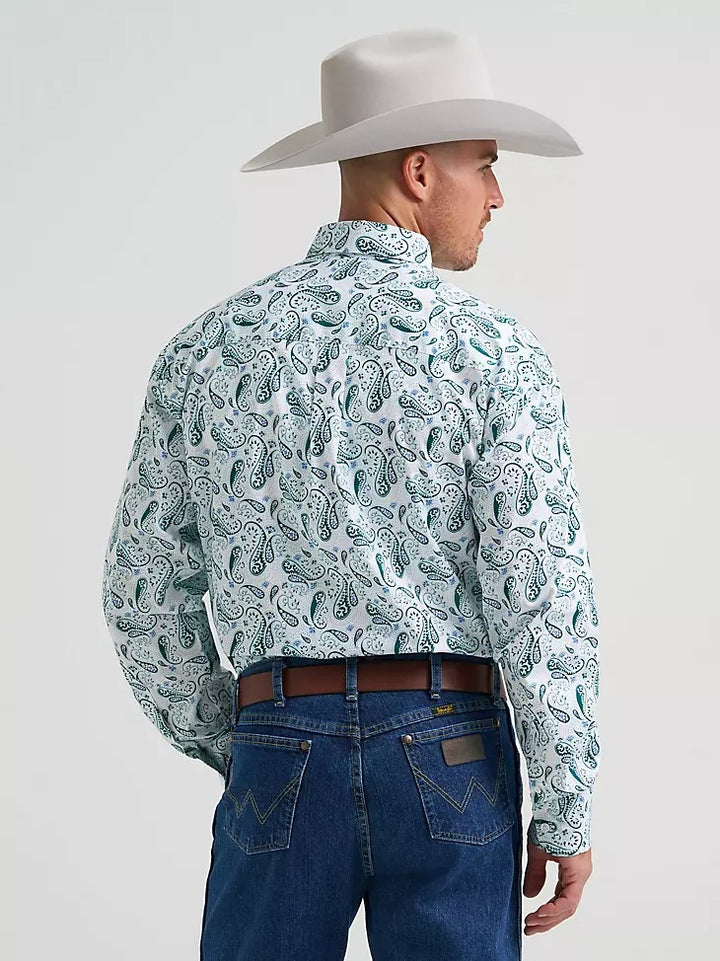 Wrangler Men's George Strait Solid One Pocket Button Down Shirt - Aqua Paisley
