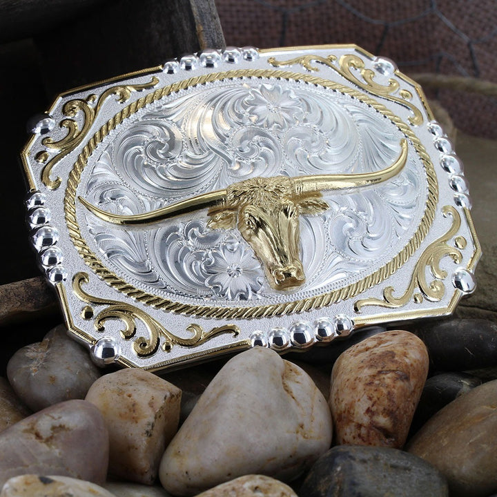 Montana Silversmiths Two-tone Cowboy Cameo Buckle with Longhorn