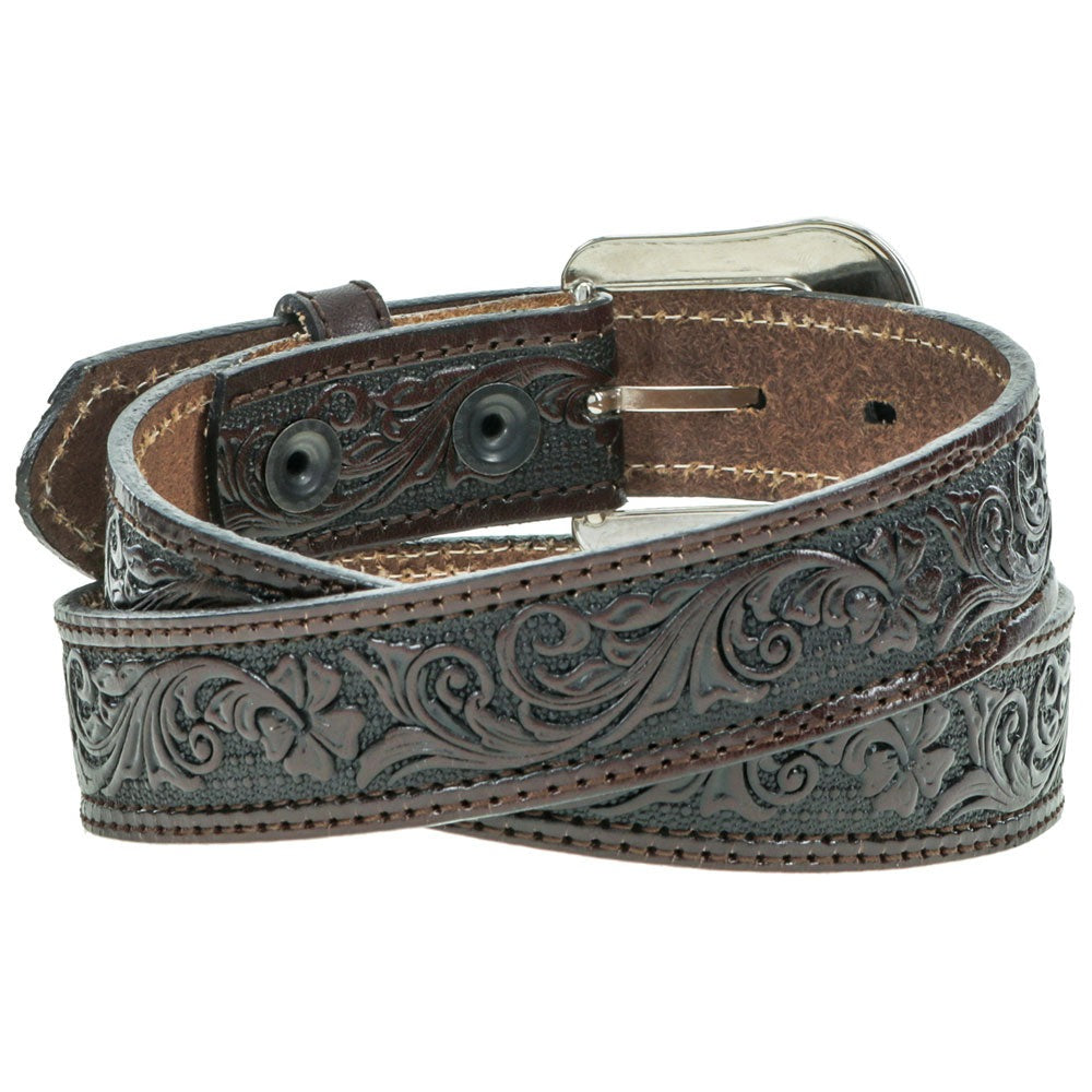Hooeys Boys Leather Filigree Embossed Double Welt Dark Brown Belt