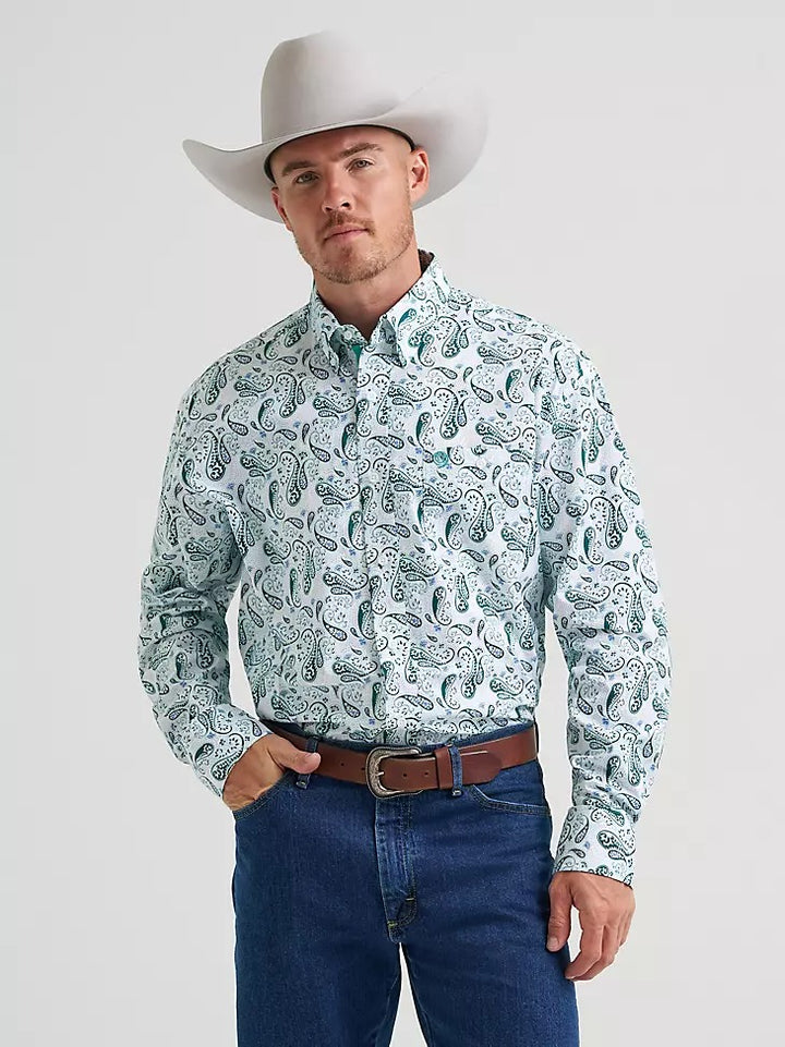 Wrangler Men's George Strait Solid One Pocket Button Down Shirt - Aqua Paisley