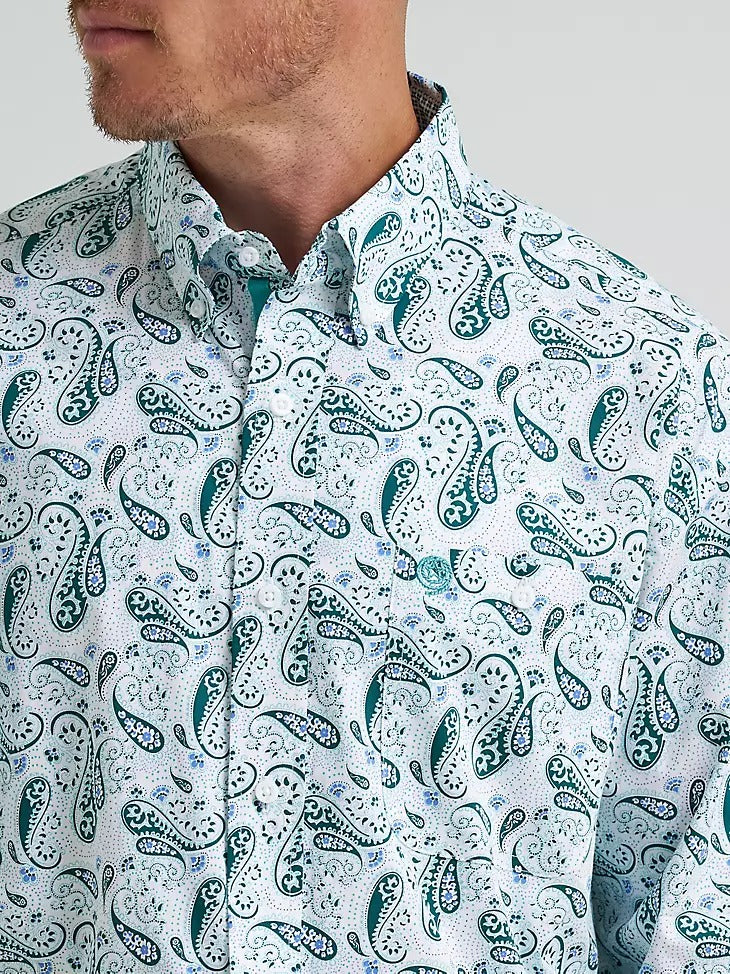 Wrangler Men's George Strait Solid One Pocket Button Down Shirt - Aqua Paisley