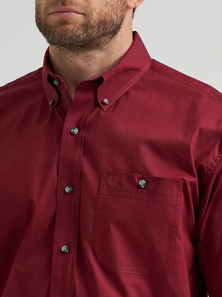 Wrangler Men's George Strait Solid One Pocket Button Down Shirt - Burgundy Wine