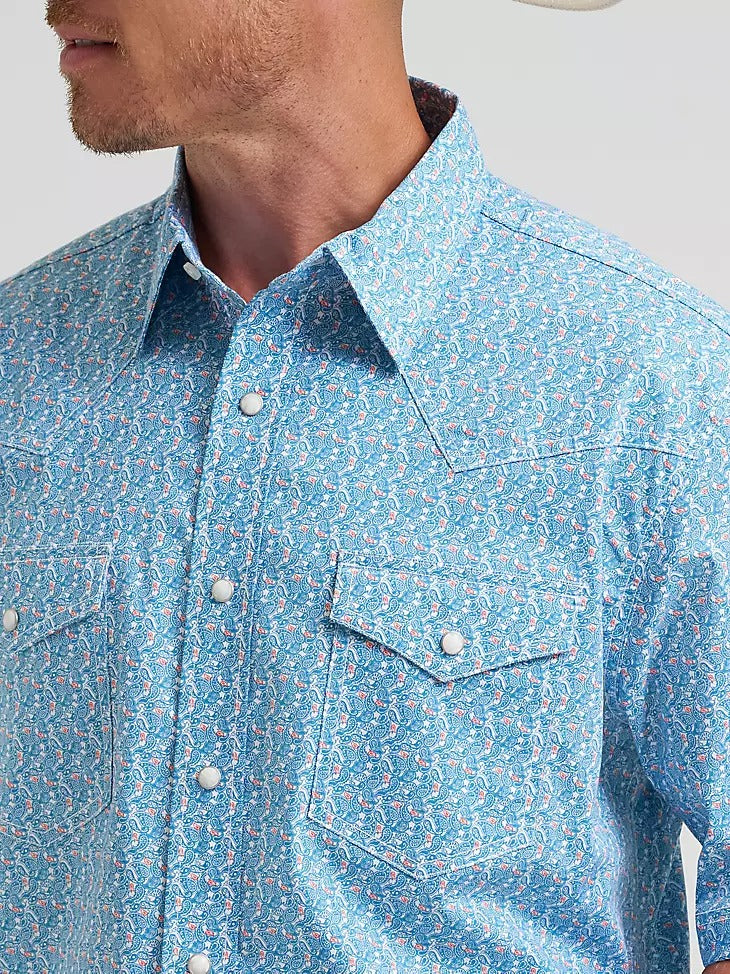 Wrangler Men's 20X Competition Advanced Comfort Short Sleeve Western Snap Shirt - Blue Jay