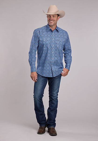 Roper Men's Amarillo Snap Print Long Sleeve Shirt -Blue