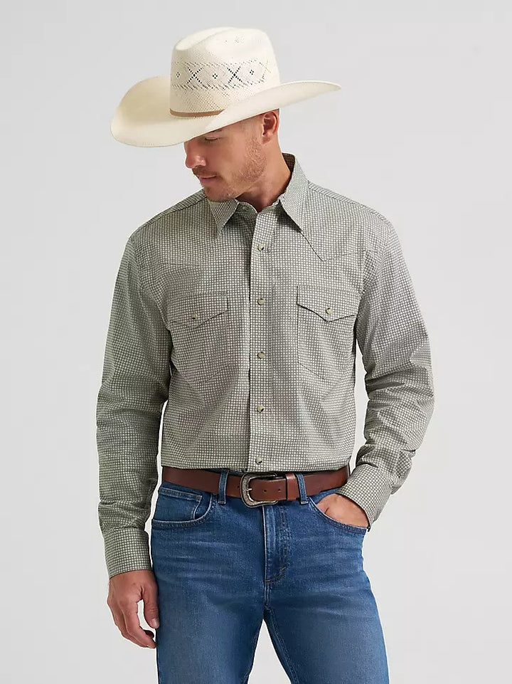 Wrangler Men's 20X Competition Long Sleeve Two Pocket Western Snap Shirt - Olive Minis