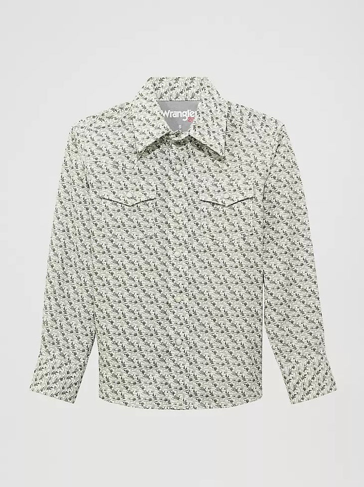 Wrangler Boys 20X Long Sleeve Shirt- Olive Cacti