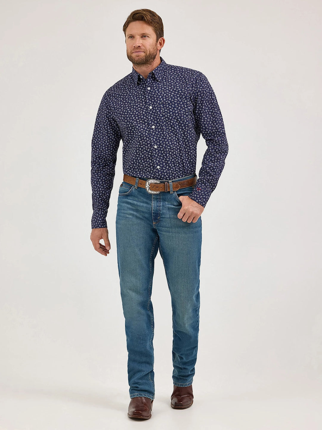 Wrangler Men's Cody Johnson One Pocket Button Down Shirt - Navy Paisley