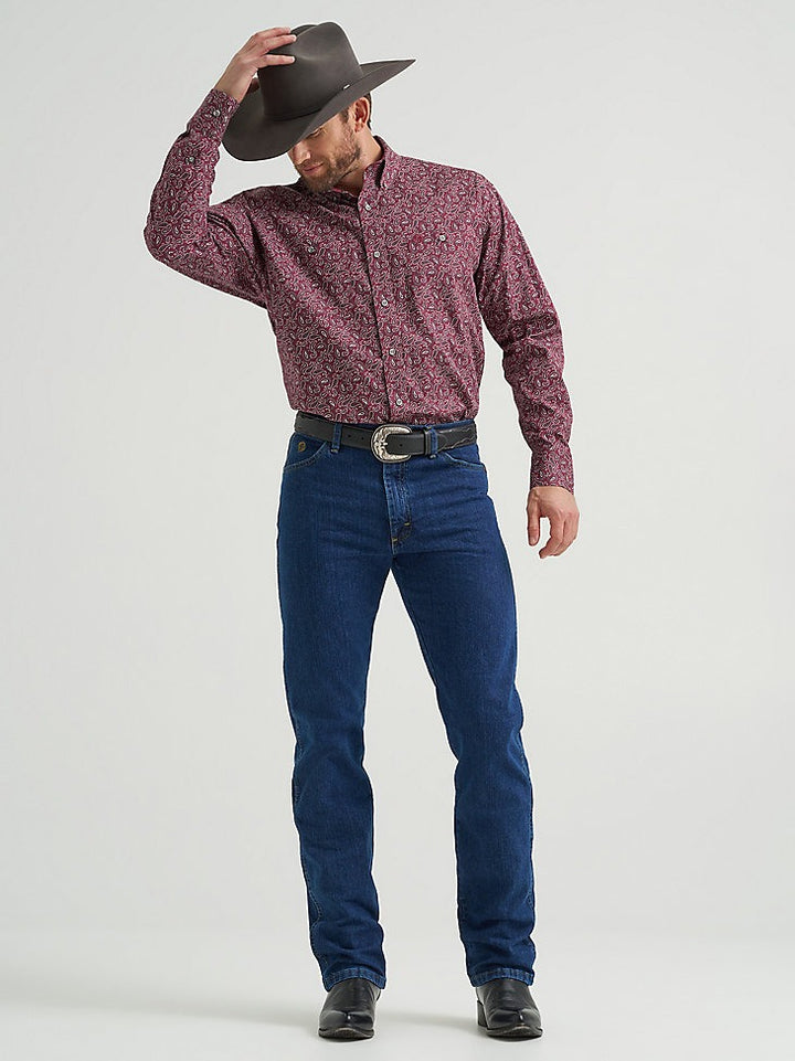 Wrangler Men's George Strait Solid Two Pocket Button Down Shirt - Wine Paisley