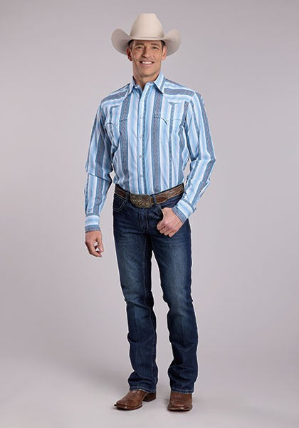 Roper Men's Vertical Stripe Snap Long Sleeve Shirt - Blue