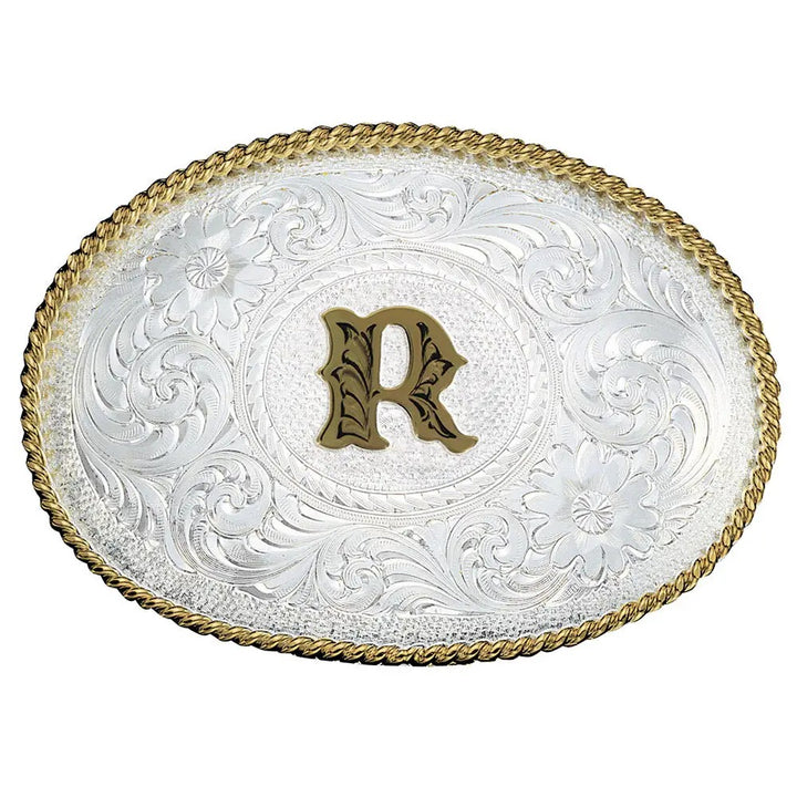Montana Silversmiths Initial R Silver Engraved Gold Trim Western Belt Buckle