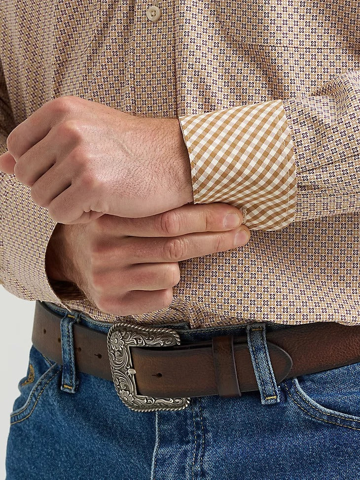 Wrangler Men's George Strait Long Sleeve Button Down Two Pocket Shirt - Purple Tan Mod