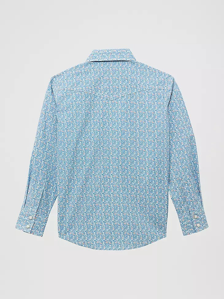 Wrangler Boy's 20X Advanced Comfort Western Snap Print Shirt - Blue Jay
